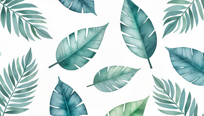 Fototapeta premium Tropical green leaf pattern on a white background.