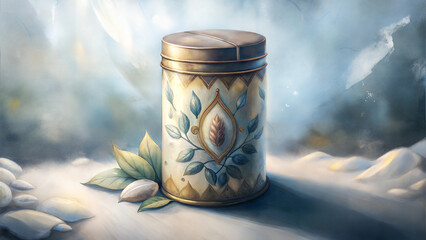 Decorative canister with floral pattern on soft background, elegant design
