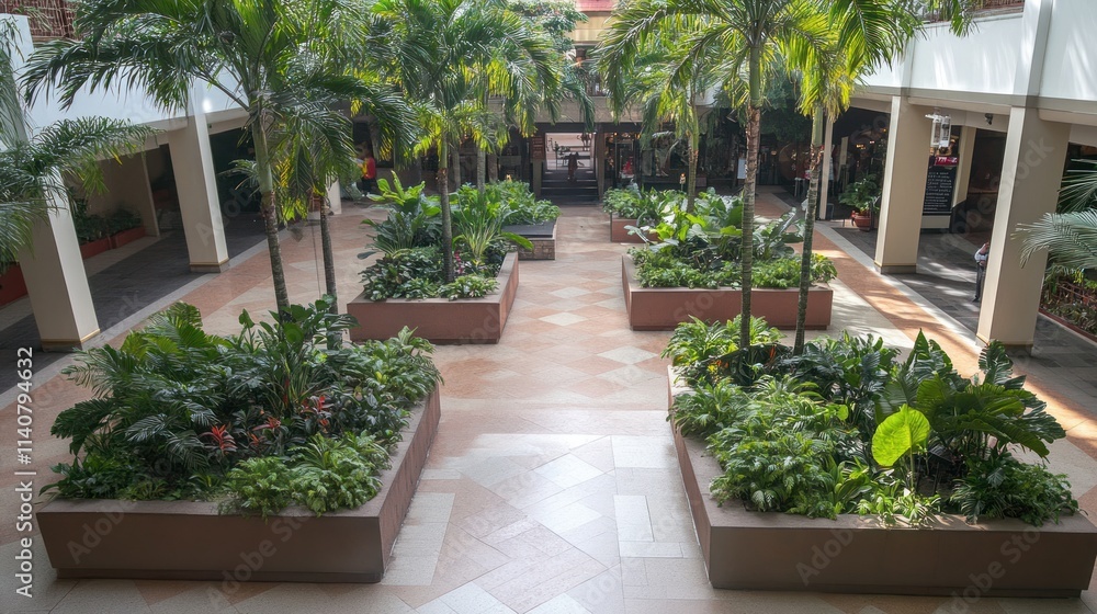 Poster a serene indoor garden featuring lush greenery and palm trees in a spacious atrium.