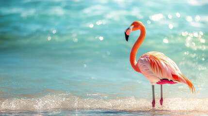 Elegant Flamingo Standing Gracefully at the Water's Edge with Stunning Ocean Background and Beautiful Turquoise Waves in Bright Sunlight