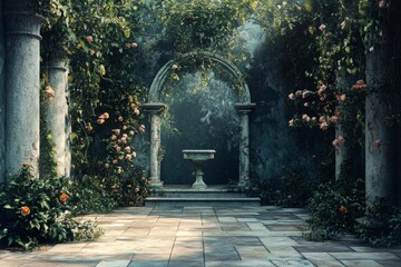 Fototapeta premium Enchanted Garden with Stone Archway and Roses.