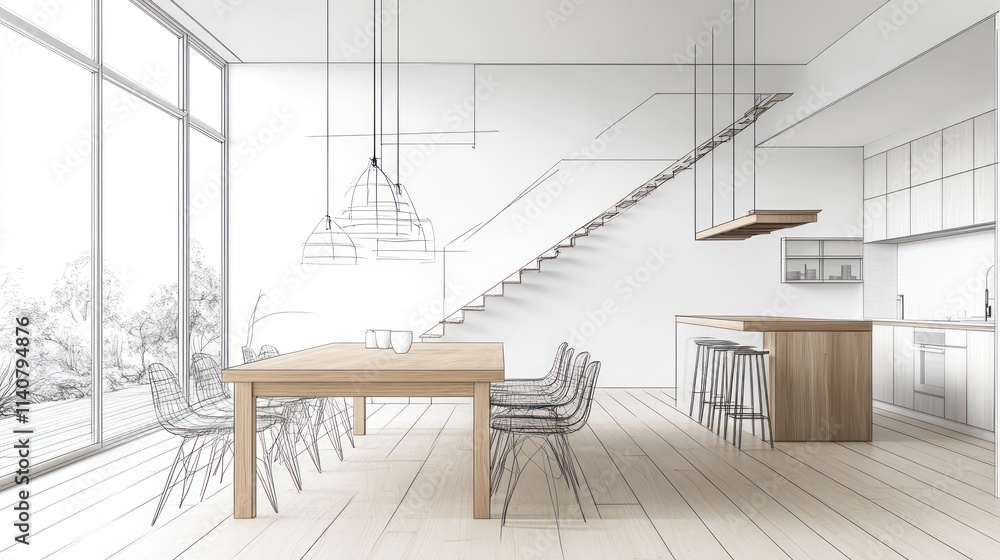 Aufkleber modern dining area with minimalistic design and open space.