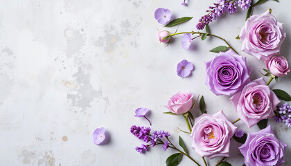 Purple roses and flowers arrangement on textured white background