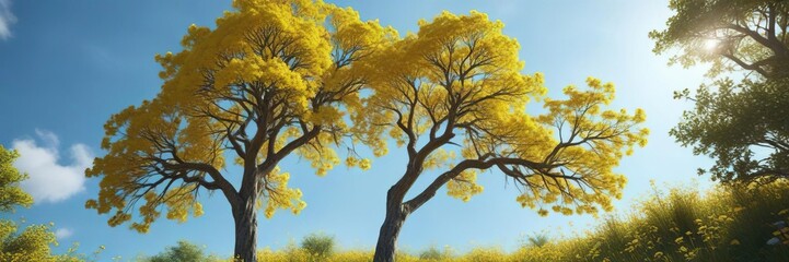 Fototapeta premium Tall tree with bright yellow flowers blooming against a clear blue sky, blossom, Mimosa acacia