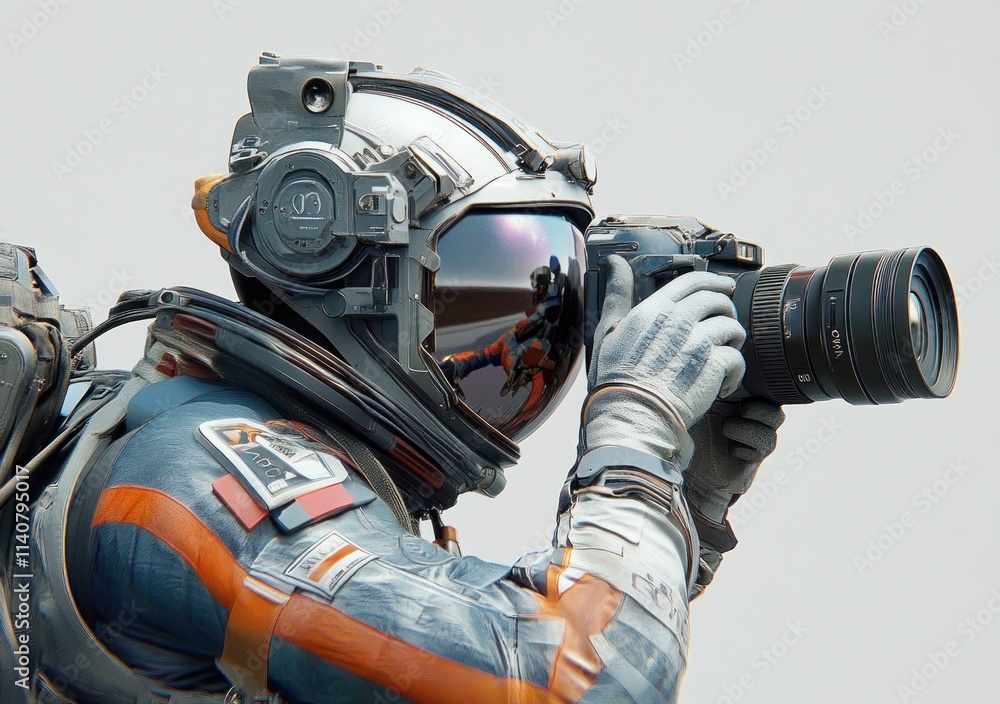 Aufkleber astronaut taking a photograph with a camera in a space-like environment.