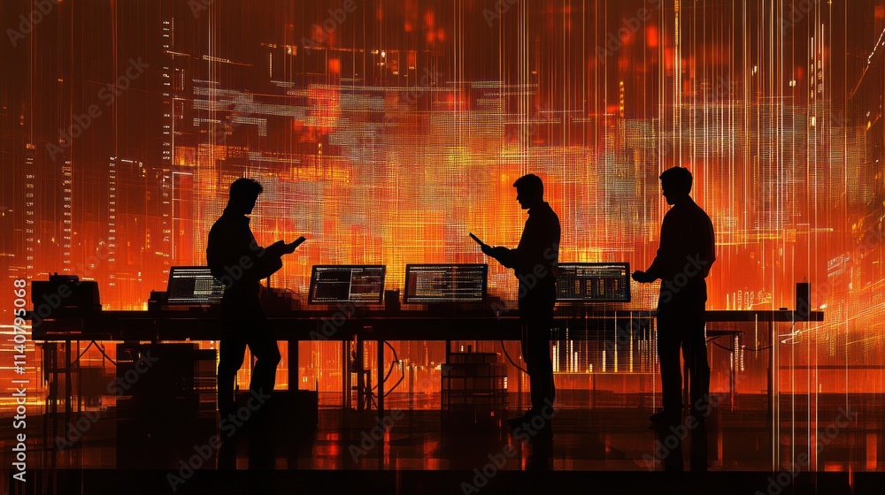Poster Silhouettes of individuals interacting with technology in a data-driven environment.