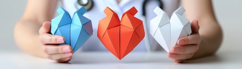Hands holding three origami hearts in blue, orange, and white, symbolizing health, care, and creativity in a medical context.