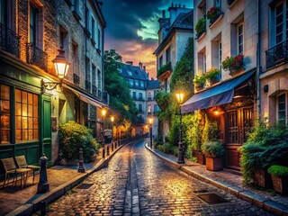 Fototapeta premium Vintage French Poster: Low Light Parisian Street Scene - Retro Travel Photography