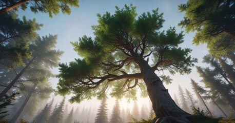 Naklejka premium The branches of a towering evergreen tree stretch out wide and high into the air , atmosphere, foliage, wide