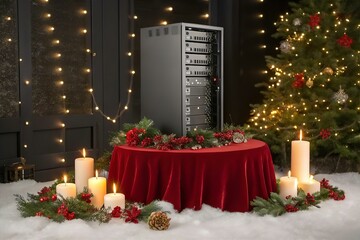 A Festive Christmas Scene: Server Rack Decorated with Candles and Greenery on a Red Velvet Table, Surrounded by a Snowy Setting and a Beautifully Lit Christmas Tree.