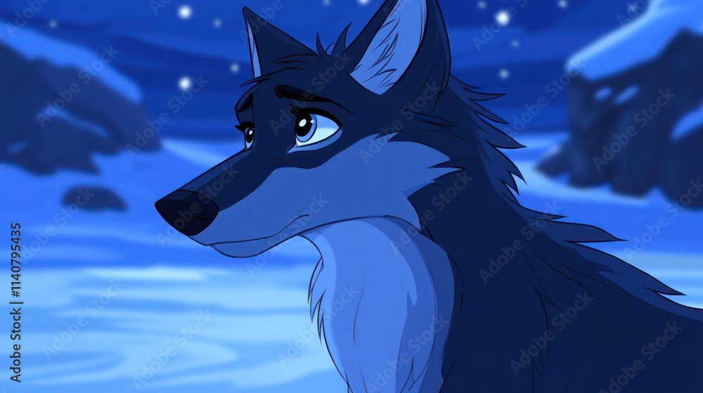 Poster a close-up of a blue wolf with a contemplative expression in a snowy landscape.