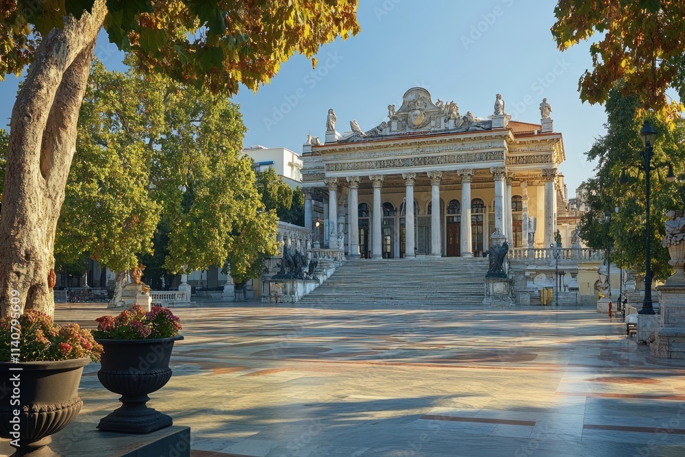 Poster a grand building with columns and statues, surrounded by trees and a spacious plaza.