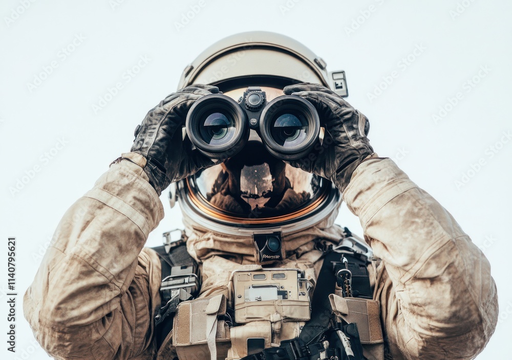 Poster a space-suited individual using binoculars for observation.
