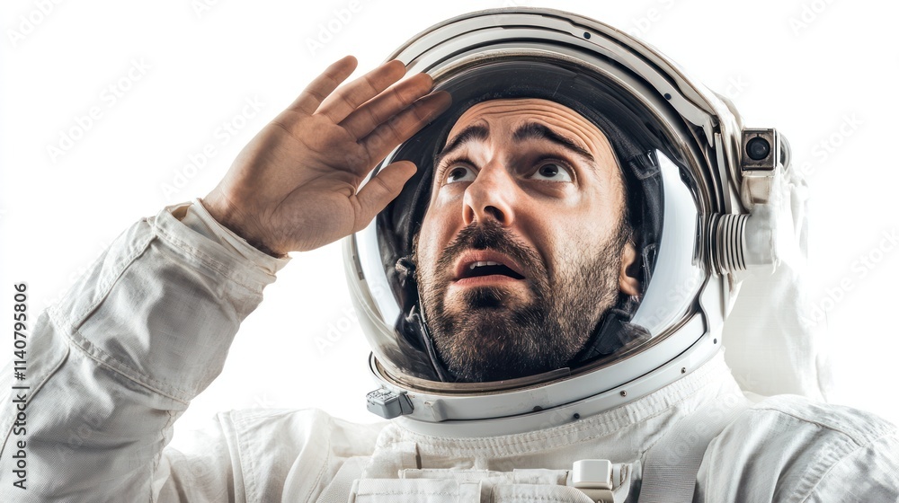 Poster an astronaut saluting, looking upward with a surprised expression against a white background.