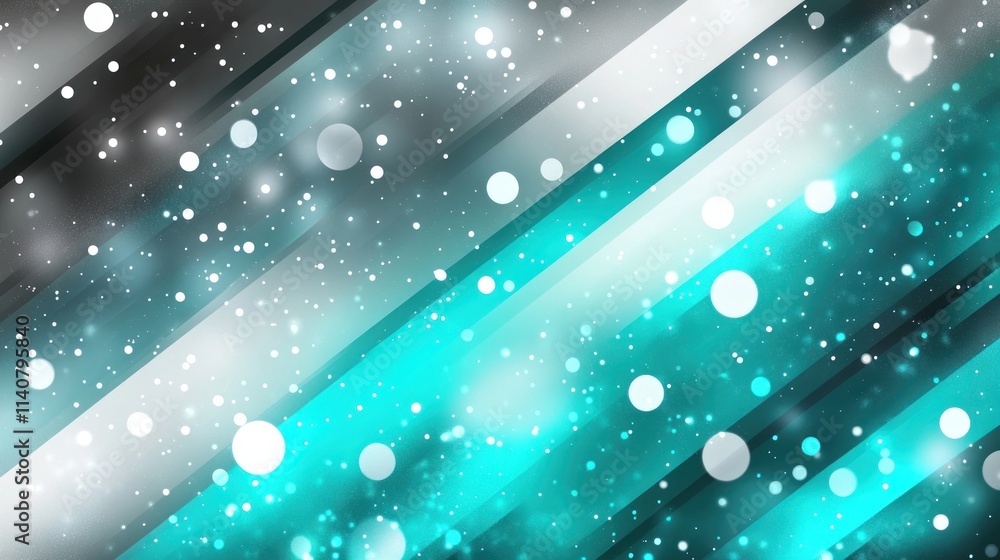 Aufkleber abstract design with teal and silver hues, featuring diagonal lines and floating bubbles.