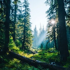 Obraz premium A serene forest scene with sunlight filtering through tall trees.