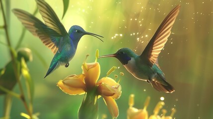 White-tailed Hillstar, Urochroa bougueri, two hummingbirds in flight by the ping flower, green and yellow background, two feeding birds in the nature habitat, Montezuma, Colombia