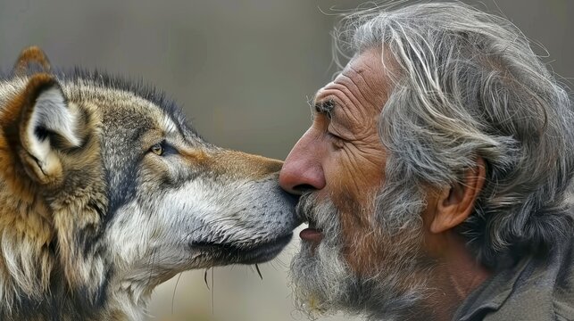 A man and a wolf lock eyes in a captivating moment of connection and understanding