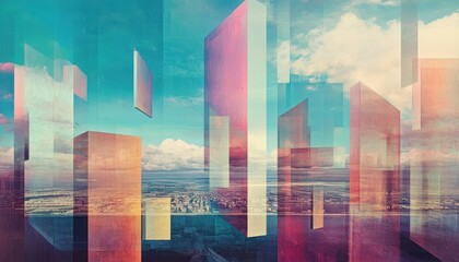 Obraz premium Abstract cityscape with layered rectangles and a sky with clouds.