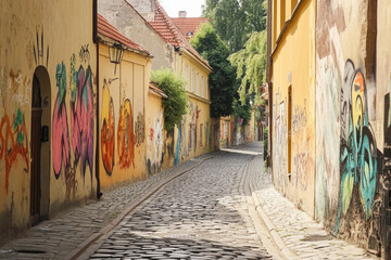 Obraz premium Cobblestone alley with vibrant graffiti in historic european neighborhood