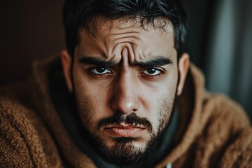 Obraz premium Close-up portrait, serious man, brown jacket, furrowed brow.