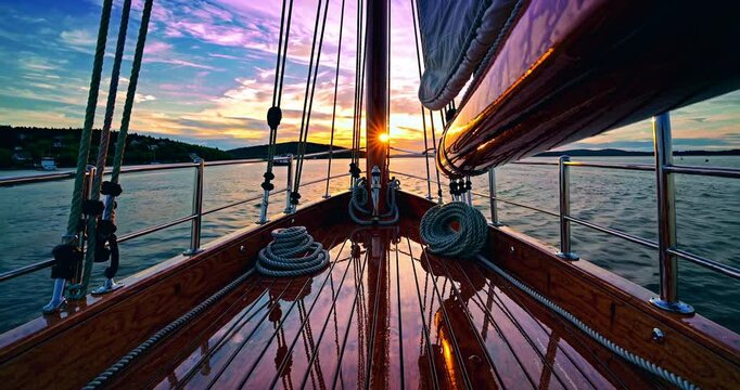 ailing Boat Deck with Sunset View Over the Ocean, Featuring Wooden Details, Ropes, and Calm Waters Reflecting the Sky in a Serene Coastal Landscape