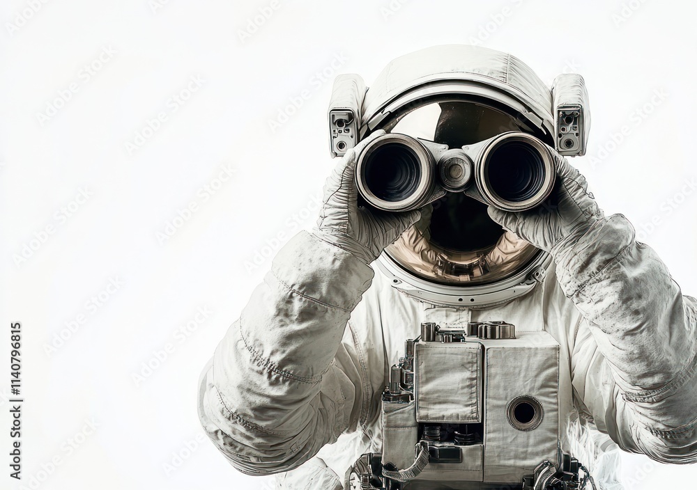 Poster an astronaut using binoculars, symbolizing exploration and curiosity in space.
