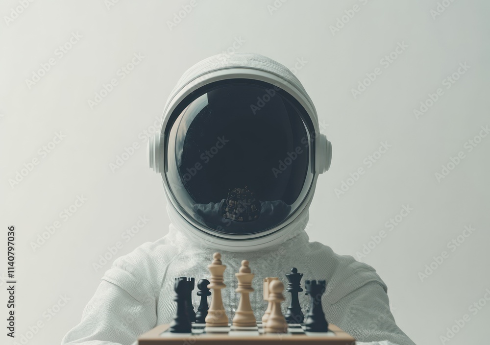 Aufkleber an astronaut in a spacesuit plays chess, symbolizing strategy and contemplation in space.