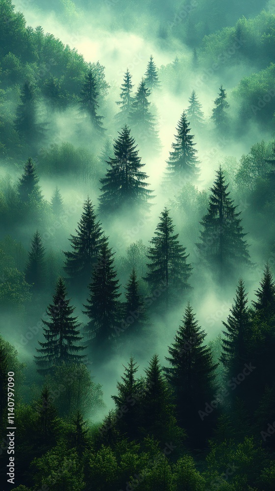 Poster a misty forest scene with tall trees shrouded in fog, creating a serene atmosphere.