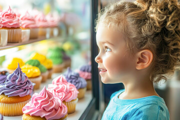 Young caucasian girl excitedly gazing at colorful cupcakes in a bakery display