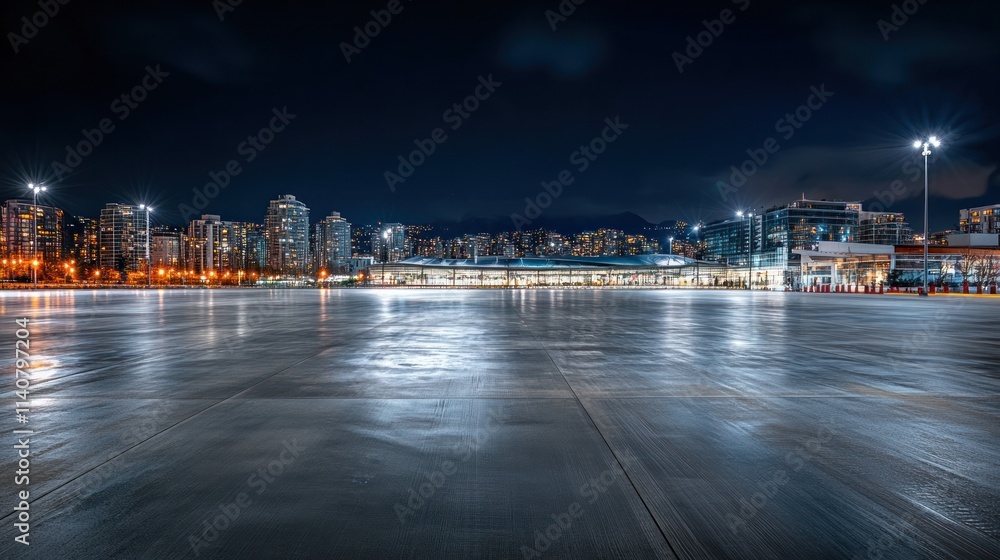 Poster a nighttime view of a smooth, reflective surface with city lights in the background.
