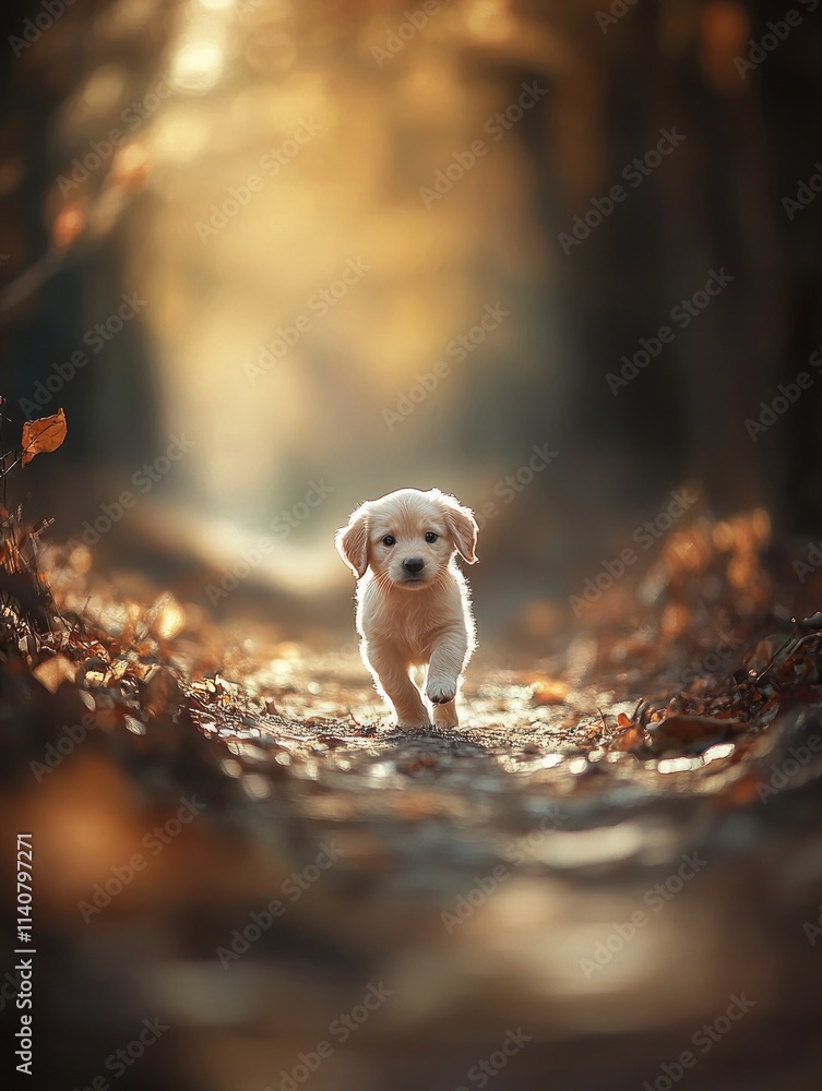 Poster a playful puppy trots down a sunlit path surrounded by autumn leaves.