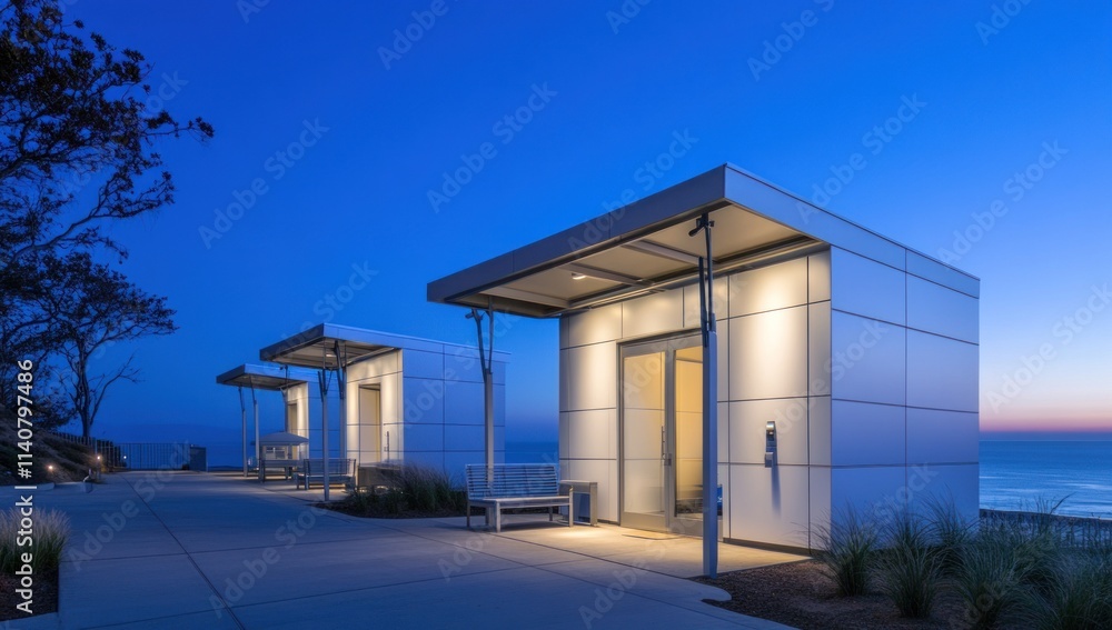 Aufkleber modern structures at twilight near the ocean, designed for leisure and relaxation.