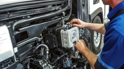 mechanics repair engine restoration concept. Mechanic working on a truck engine in an automotive workshop.