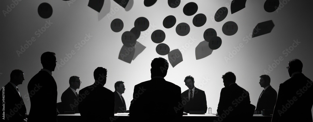 Fototapete silhouetted figures in a meeting with abstract shapes floating above, suggesting discussion or strat