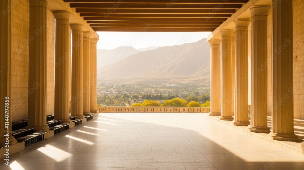 Leinwandbilder a serene view from a classical architectural structure overlooking mountains and valleys.