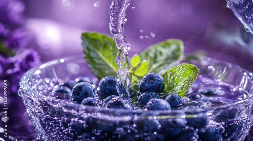 Poster fresh blueberries splashing in water with mint leaves, creating a refreshing scene.