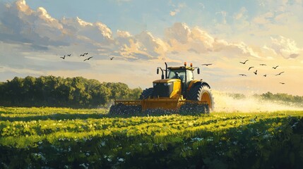 A modern yellow tractor spreading fertilizer over a vibrant green alfalfa field, with a flock of birds flying in the sky and the scene illuminated by warm, late-afternoon sunlight