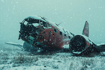 Abandoned airplane wreck in a snowy winter landscape with a deteriorating fuselage under a cold moody sky, evoking solitude, mystery, and decay