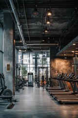 Modern gym interior; treadmills, weight machines, industrial design.