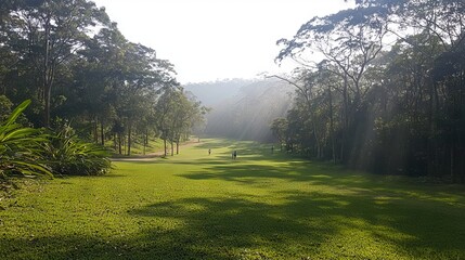 Obraz premium A serene golf course landscape bathed in morning light through trees.