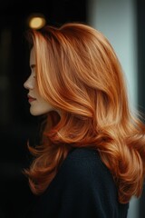 Naklejka premium Long, wavy, copper-colored hair, profile view.