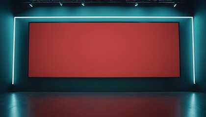 Vibrant red screen on illuminated modern display wall in artistic interior space with copy space