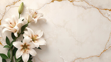 White lilies on marble background with gold veins © bastet
