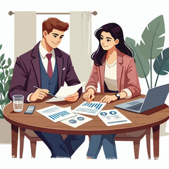 Partners meeting for business discussion with documents and laptop on desk. Couple at round table, speaking, discussing work, partnership. Flat vector on a white background