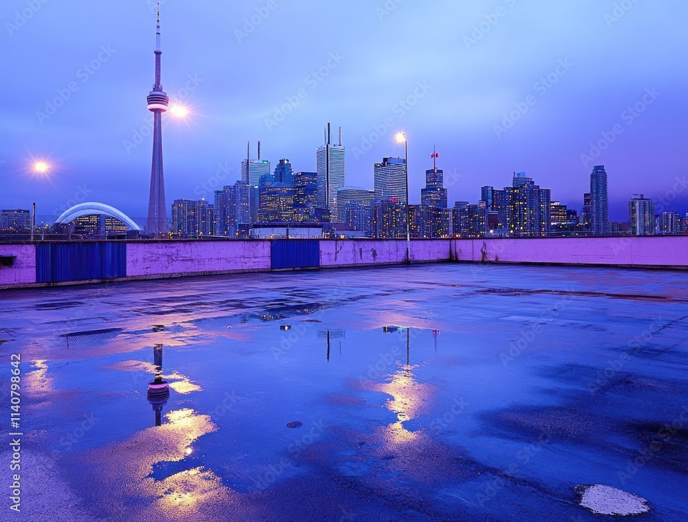 Poster A twilight cityscape of Toronto with reflections on a wet rooftop.