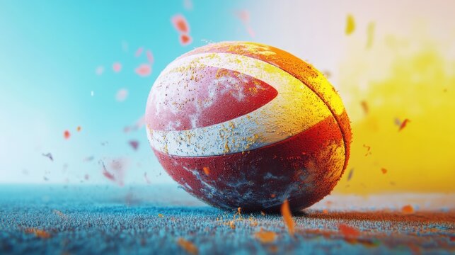 Dirty rugby ball rolling on ground with colorful dust. - Powered by Adobe