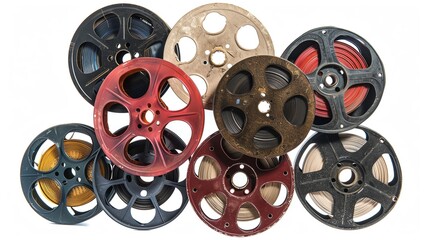 Fototapeta premium A high-resolution image of vintage film reels with a white background.--ar 16:9