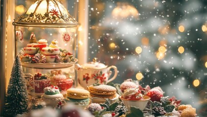 Naklejka premium A Magical Christmas Tea Party: Festive Treats and Cozy Winter Wonderland