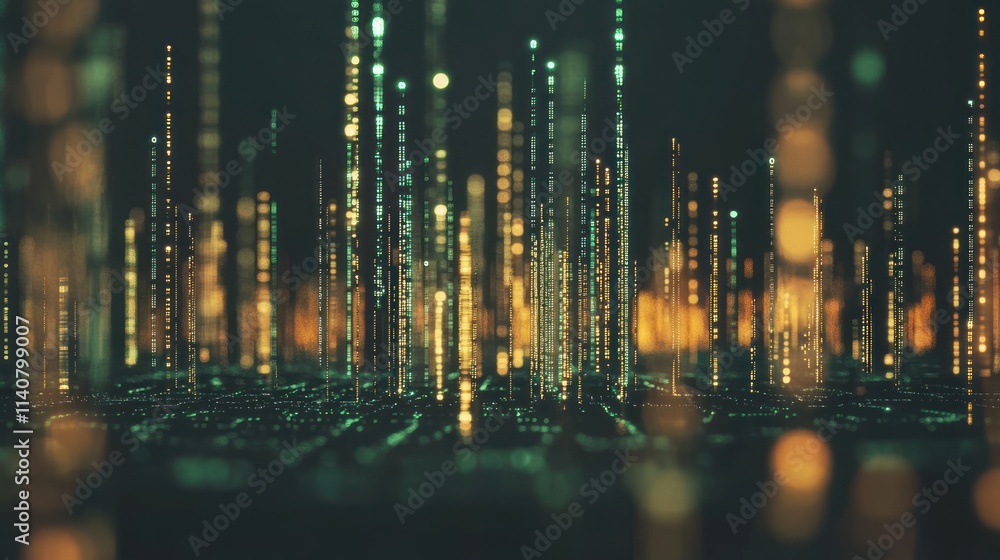 Poster A digital landscape with glowing vertical lines representing data or technology.